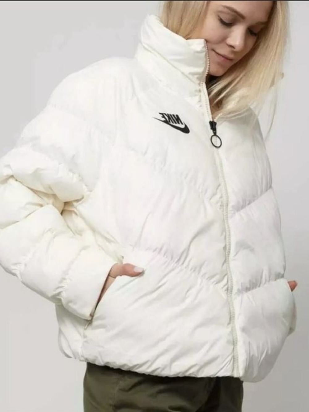 Nike Women's Cream Puffer Jacket - Lightweight Quilted Coat